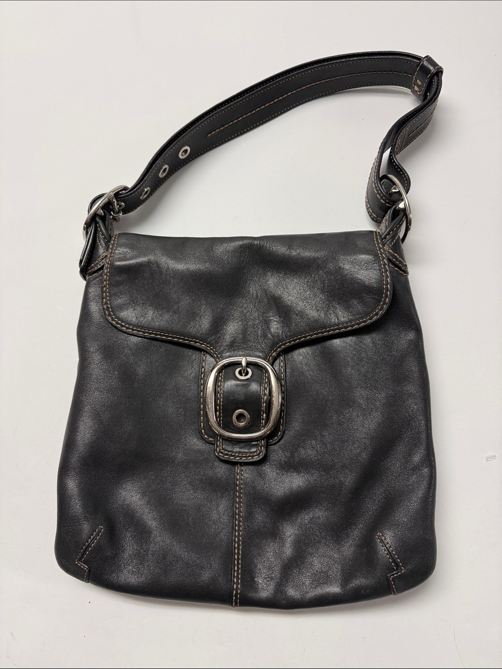 Coach Leather Buckle Shoulder Bag - Black
